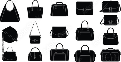 Collection of Women Fashion Handbag Silhouettes and Accessory Icons Including Tote Satchel Clutch Shoulder Bag and Messenger Vector Set (19 words)