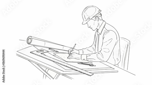 Architect drawing blueprints on a drafting table wearing a hard hat.