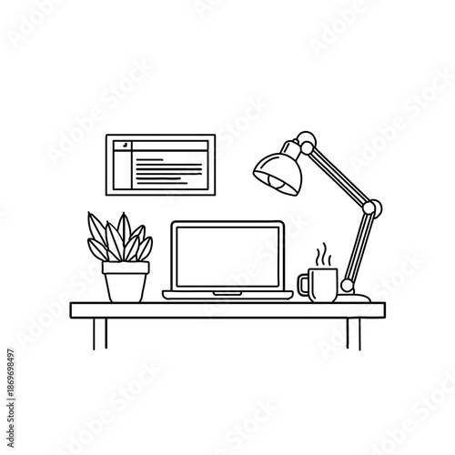 Outline icon of a freelancer workspace, desk with a laptop, coffee mug, and small potted plant,