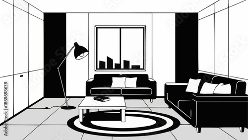 Modern living room interior design with furniture and window view.