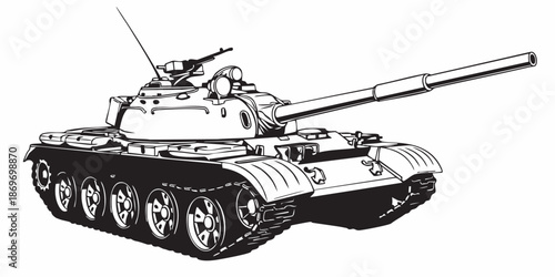 Modern battle tank vector illustration, armored military vehicle line art, monochrome, Realistic armored tank outline drawing, military tracked vehicle line art, black and white technical illustration