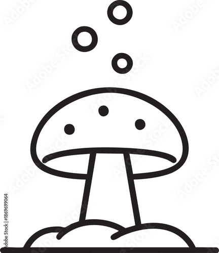 Simple line drawing of a mushroom with bubbles floating above it