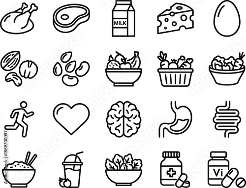 Healthy food and organ icons set, nutrition symbols, vitamins, digestion, wellness, black and white vector illustration pack