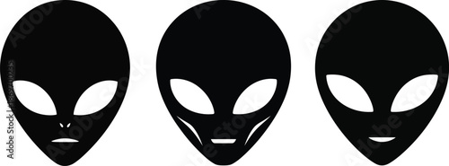 Black alien head silhouette icons vector. Minimalist extraterrestrial UFO face musk. emojis, science fiction themes, stickers, and modern graphic projects.