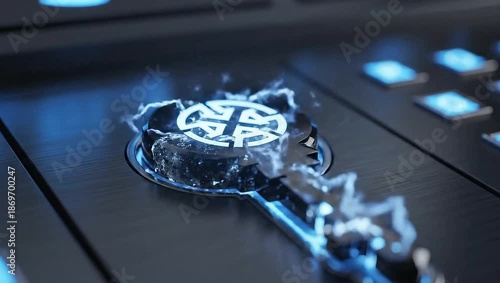 Digital Key with Glowing Blue Energy on a Futuristic Control Panel.