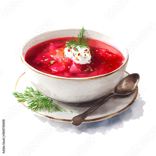 Watercolor illustration of Borscht, vector artwork, isolated on white background.