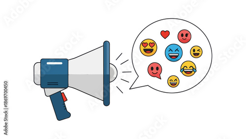 Megaphone with Emoji Speech Bubble. Social Media Marketing