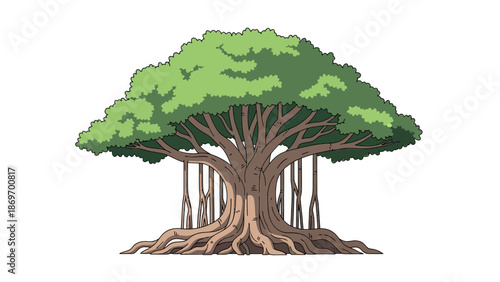 Majestic Banyan Tree Illustration with Aerial Roots