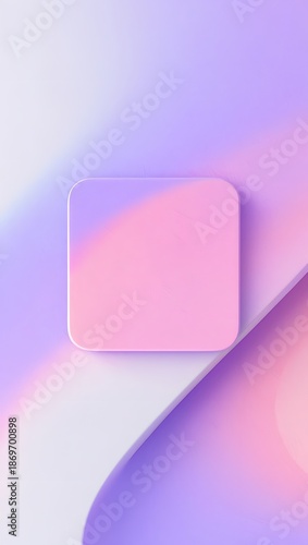 Minimalist abstract 3d composition with pink square pedestal and curved geometric shapes in pastel purple and violet colors for modern product presentation or mobile vertical wallpaper background