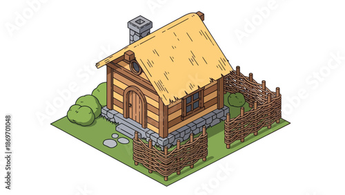 Isometric Cartoon House with Fence and Garden