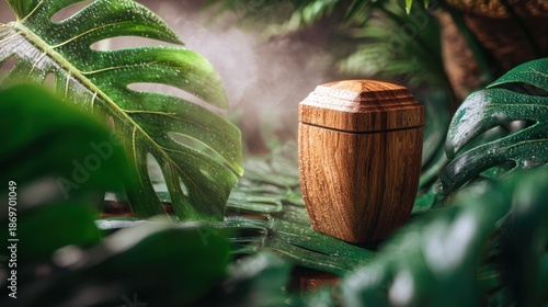 Wooden Cremation Urn Surrounded by Lush Monstera Leaves and Mist in a Natural Green Jungle Setting