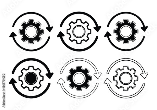 Set of gear icons with circular arrows, representing processes and workflow
