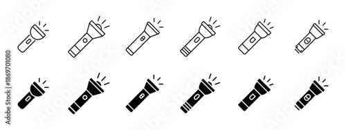 Flashlight icon set. Handheld electric torch for illumination. Portable light device for dark and emergency situations. Simple outline and solid flashlight vector illustration isolated.