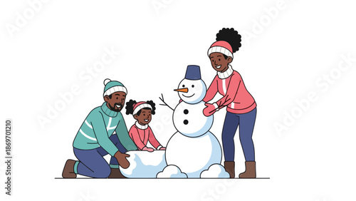 Happy family building snowman in winter
