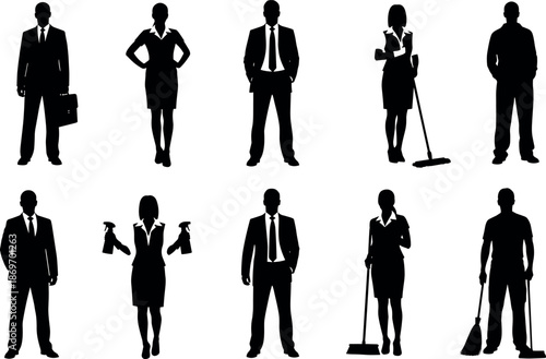 Professional Business Personnel and Facility Service Staff Silhouettes Collection Featuring Corporate Executives, Cleaners, Janitors, and Office Workers for Commercial Use