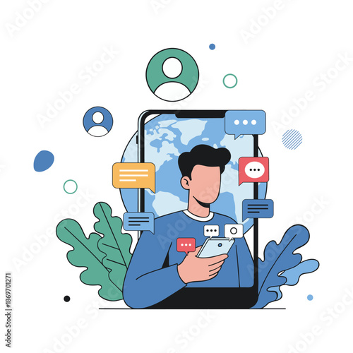 Illustration of Social Media Communication Concept. Digital marketing, social media apps, and technology content.	