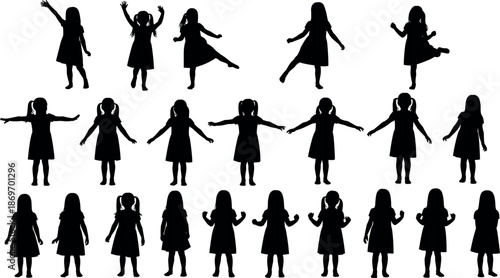 Set of black silhouettes of little girls in dresses standing, dancing, and playing in various poses isolated on white background