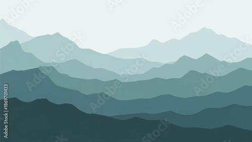 A serene mountain range landscape with layered hills and peaks in various shades of blue and green hues