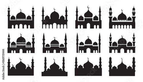 Silhouette of grand mosque complex with multiple domes and minarets against white background for islam