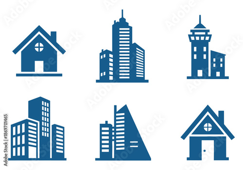 A collection of various building icons, including houses and skyscrapers, in blue