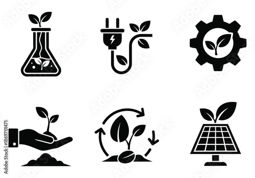Green energy and sustainability icons featuring renewable resources and eco-friendly technology