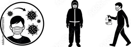 Set of Safety Icons Featuring Person Wearing Face Mask Hazmat Suit and Using Hand Sanitizer to Prevent Spread of Viruses