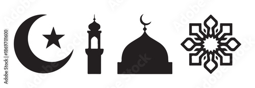 Ornate islamic mosque vector silhouette with multiple minarets domes and decorative arches illustration