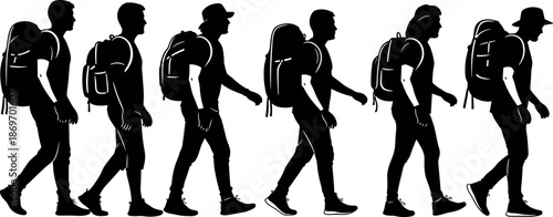 Silhouette Collection of Travelers and Hikers Walking with Backpacks Outdoor Adventure and Journey Concept Vector Illustration Isolated on White Background