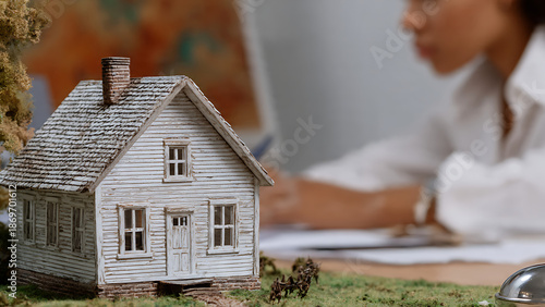 Banquier signant un contrat de prêt immobilier devant une maison miniature, idéal pour article ou blog sur l'immobilier