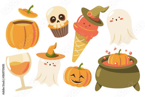 Playful Halloween-themed cartoon icons including pumpkins, ghosts, cupcakes, cauldron, and witch hats, perfect for design, party invites, and seasonal decorations.