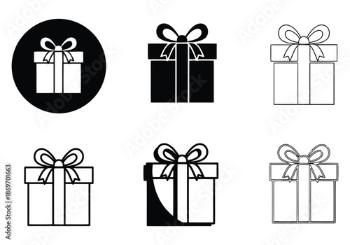 Set of black and white gift box icons with various line and solid styles