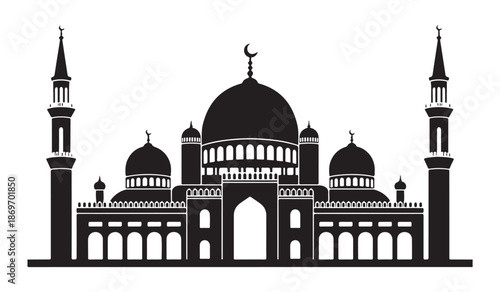 Minimalist line art illustration of middle eastern desert city skyline with dunes and mosque buildings