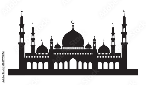 Detailed black outline icon of majestic mosque with multiple domes and tall minarets vector art