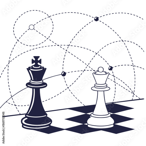 Chess pieces connected by light trails on a chessboard