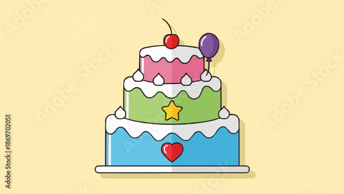 Delicious Three Tier Birthday Cake with Cherry and Balloon.