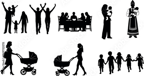 Silhouettes of diverse family life including parents with children walking strollers eating dinner together and religious figures holding a baby