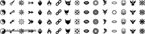 Black Y2K retro aesthetic icons vector set. Abstract shape collection. Minimalist 64 bold silhouette geometric burst pack with twinkle effects and 2000s. Tattoo, stickers, emo graphics, social media.