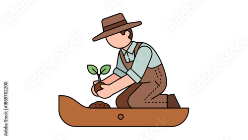 Farmer planting seedling in soil illustration