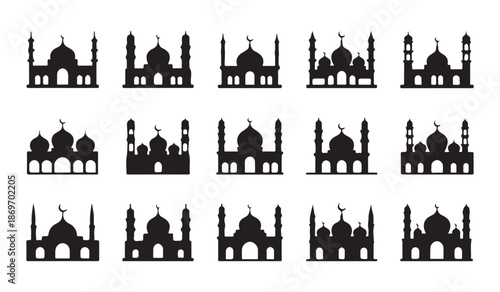 Ramadan kareem vector set with mosque silhouettes lantern lights and holy quran icons for eid design