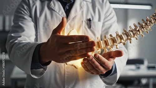 Doctor holding a glowing human spine model, symbolizing advanced medical research and chiropractic care.