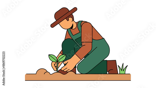 Farmer planting seedling in field illustration