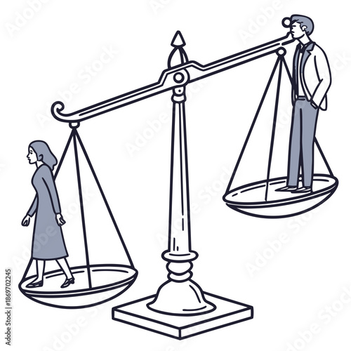 Balance scale with man and woman on plates tilting upward to the right