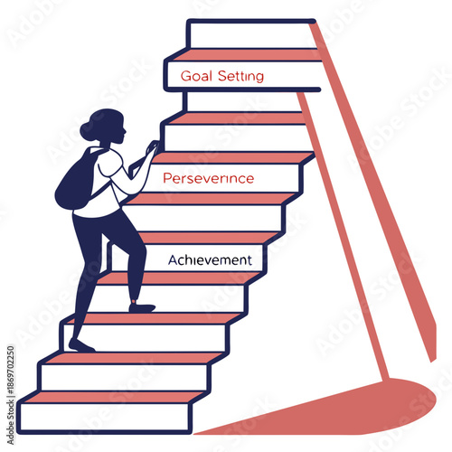 Woman climbing stairs with goal setting perseverance achievement steps