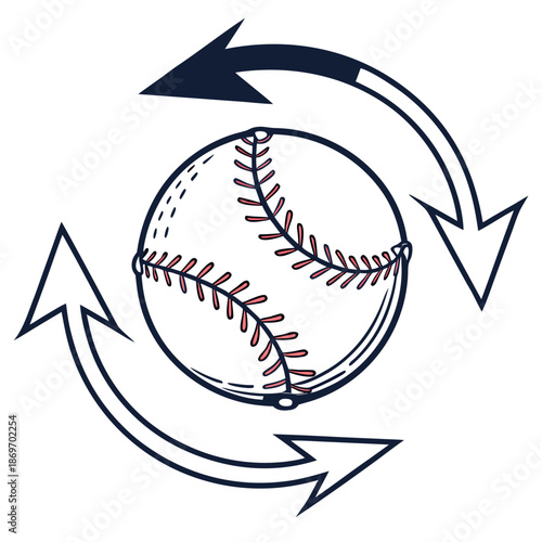 Baseball enclosed by rotating arrows white background