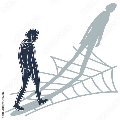 Man walking with shadow split into multiple directions white background