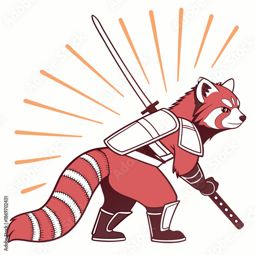 Red panda warrior with sword and armor cartoon