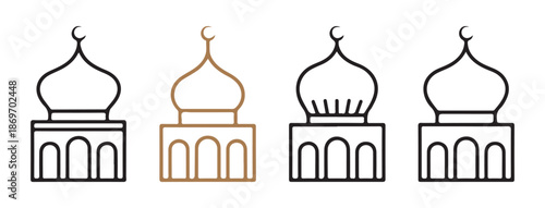 Grand mosque silhouette with numerous domes and minarets topped with crescent moon symbols vector graphic
