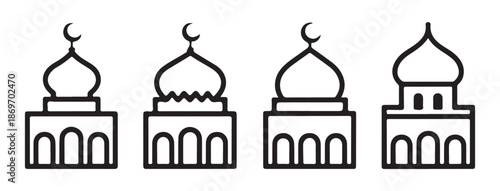 Set of multiple pagoda building silhouettes isolated on white background East Asian architectural style