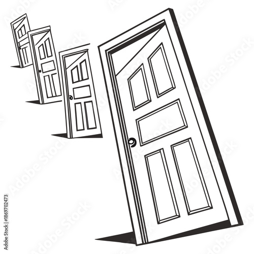White doors opened in different angles black outlines