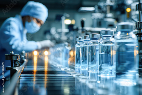 A healthcare worker in a lab coat oversees the production line of clear vials, emphasizing the sterile environment and focus on pharmaceutical manufacturing.